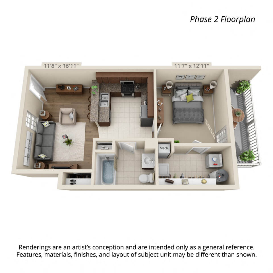 1 bedroom 1st floor 3d floorplan for Town View Apartments Elizabethton